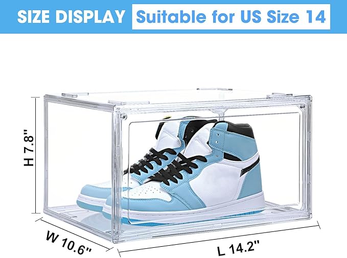 HIYOHIYO 8 Pack 360° Acrylic Clear Shoe Organizer for High-end Sports Shoes, All Clear Display Shoe Storage Box, Fully Transparent Display Case with Magnetic Door, Fit Size 14 (14.2"x10.6"x7.8")