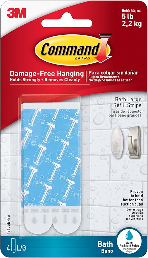 Command 5 lb Large Water-Resistant Refill Strips, 4 Strips, Reuse Large Bath Hooks or Caddies