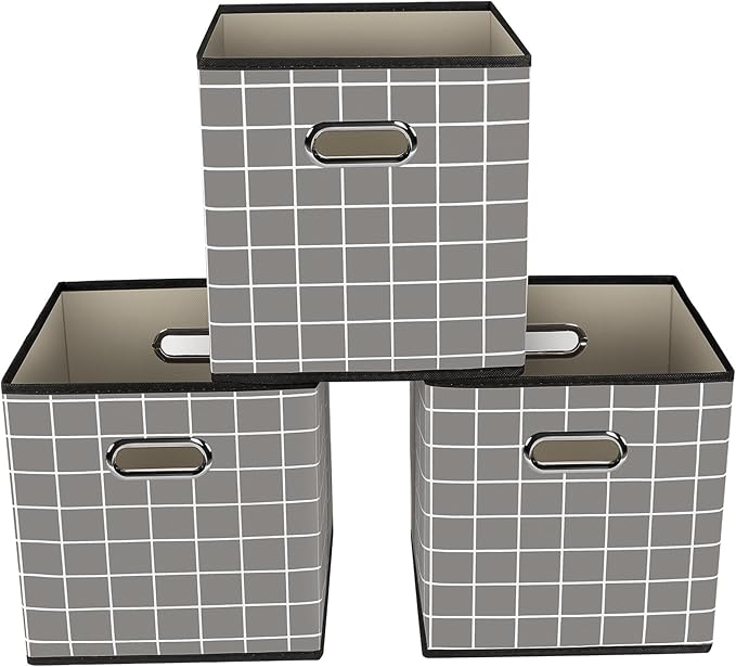 Yunkeeeper storage bins Cubes, Fabric Cube Organizer with Handle, Foldable Cube Bins for Cloth or Accessary Storage, 11x11x11, Set of 3,(Grey grid)
