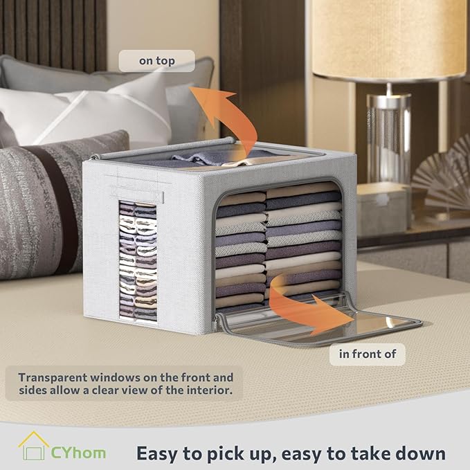 CYhom Clothes Storage Bins Box - Linen Fabric Foldable Stackable Container Organizer Set with Clear Window & Carry Handles & Metal Frame (Light Grey, Medium-36L)