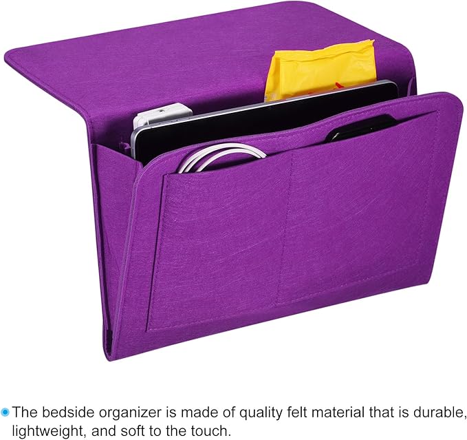 PATIKIL 13in Bedside Caddy, Bed Caddy Bedside Organizer Hanging 5 Pocket Soft Felt Bed Pockets Bedside Storage Organizer Remote Control Holder for Bedroom Phones Glasses, Purple
