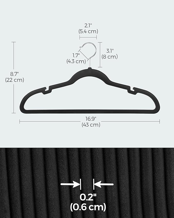 SONGMICS Velvet Hangers 10 Pack, Non-Slip Clothes Hangers with Shoulder Notches, Pants Bar, 360° Swivel Hook, Space-Saving, for Closet, Ink Black UCRF029B01
