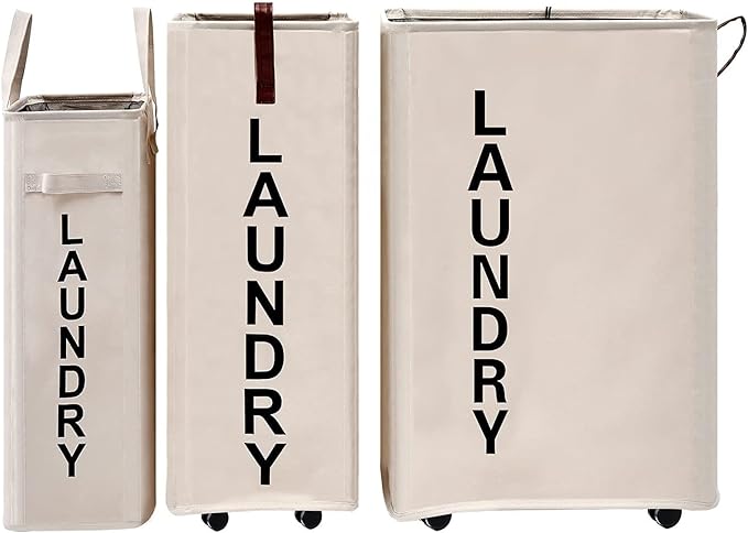 70L Large Rolling Laundry Hamper - Tall Narrow Basket With Wheels, Slim Clothes Bin, 27.5" Beige