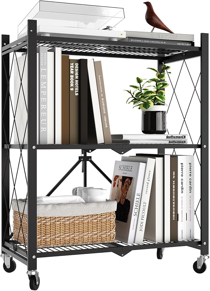 3 Tier Foldable Metal Storage Shelf with Wheels, 300 LBS Heavy Duty Collapsible Wire Shelving Unit, Rolling Utility Rack Cube Bookshelf for Kitchen Pantry Office Garage, 31.5" x 13" x 27" Black