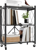 3 Tier Foldable Metal Storage Shelf with Wheels, 300 LBS Heavy Duty Collapsible Wire Shelving Unit, Rolling Utility Rack Cube Bookshelf for Kitchen Pantry Office Garage, 31.5" x 13" x 27" Black