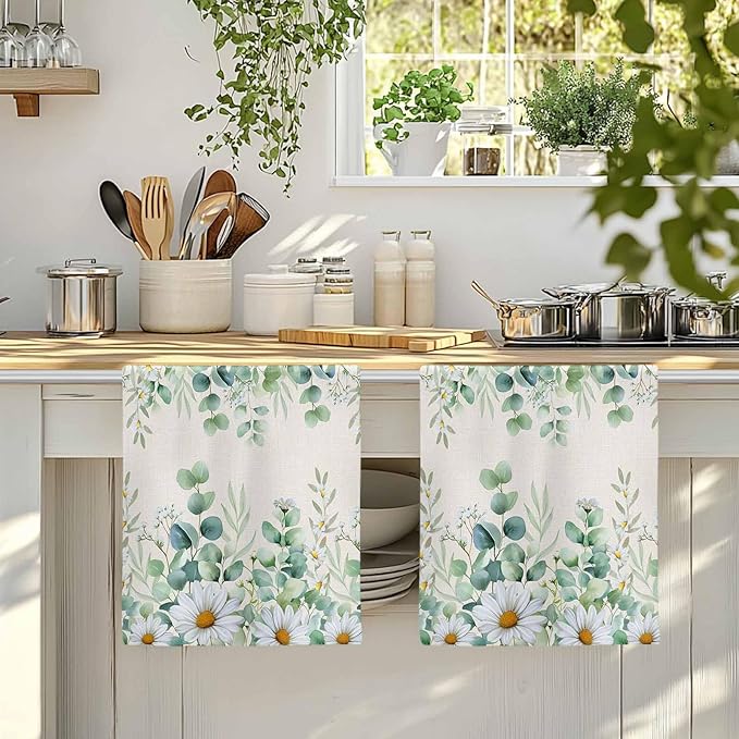 Kitchen Towels Set of 2, Green Eucalyptus Leaves Soft Microfiber Dish Towels, Daisy Summer Botanical Watercolor Absorbent Washable Dishcloths for Kitchen Cleaning, Drying Dishes, 18x28 Inches