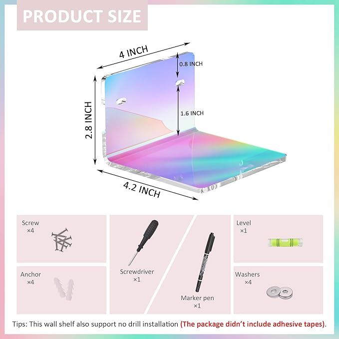4 Inches Iridescent Small Wall Shelves, 4mm Thickness Acrylic Small Floating Shelf for Figures, Plants, Security Cameras, Speakers, Moisture-Proof, 2 Pack