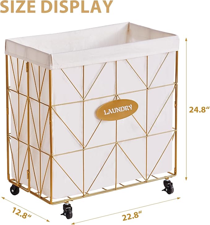 Mxfurhawa Laundry Hamper,Collapsible Laundry Basket Large Capacity Metal Laundry Hamper with Removable Liner, Rolling Wheels and Collapsible Design for Clothes Storage and Organization (110L GOLD)