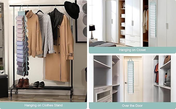 Legging Organizer Storage, T-Shirt Hanging Closet Hanging Clothes Organizer with 26 Roll Compartments for Yoga Pants, Tank Top, Towel, Underwear, Shirt (Grey)