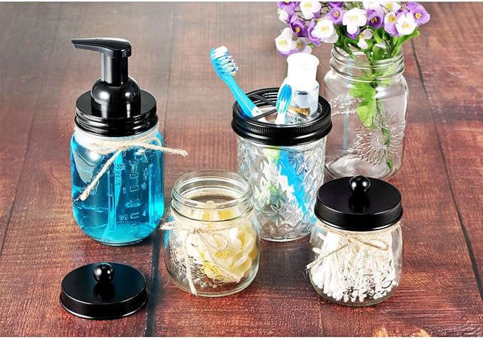 Amolliar Mason Jar Foaming Soap Dispenser, Plastic Pump Rustproof Stainless Steel Lid, Waterproof Label, Rustic Farmhouse Decor Hand Soap Dispenser, Dish Soap for Bathroom, Kitchen, Bath, Black 2 Pack
