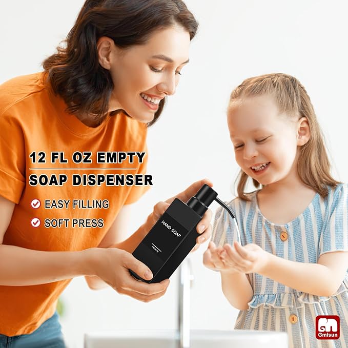 GMISUN Black Soap Dispenser Bathroom, Glass Hand Soap Dispenser with Stainless Steel Pump, 12 fl oz/350ml Refillable Dish Dispensers for Kitchen, Modern Liquid Lotion Bottles for Bathroom Countertop
