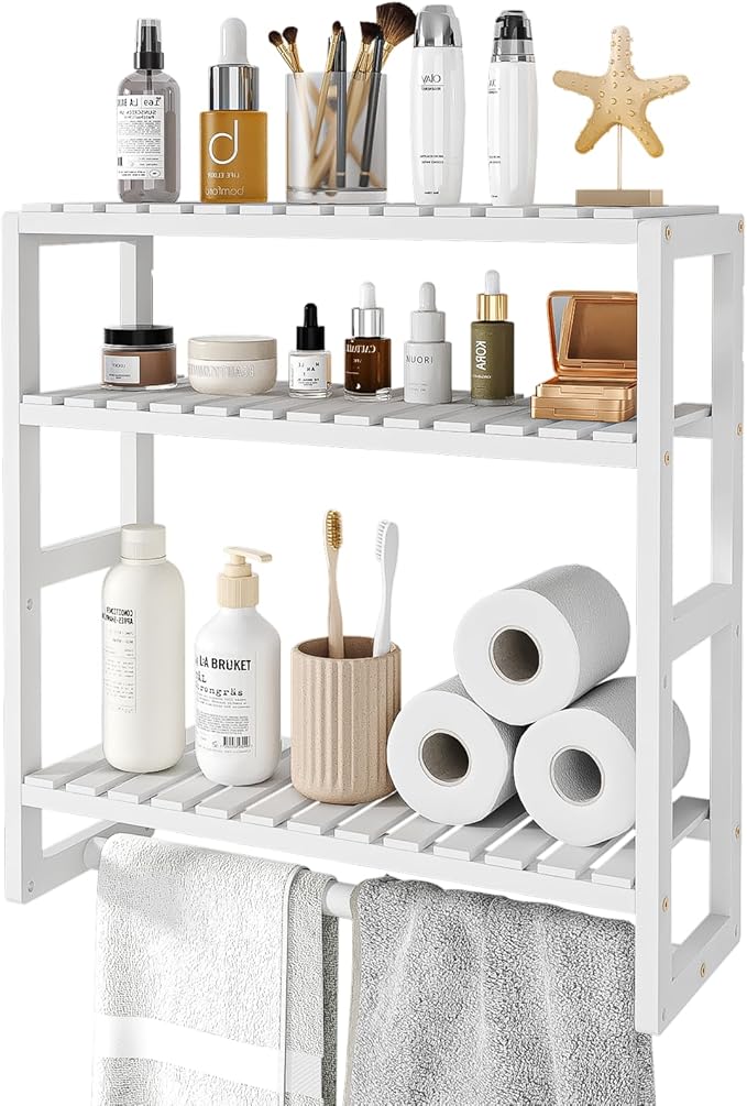 Over The Toilet Storage Bathroom Shelves Wall Mounted 3 Tier Space Saver Corner Shelf Organizer Bamboo Towel Rack Toilet Paper Cabinet with Hanging Rod White