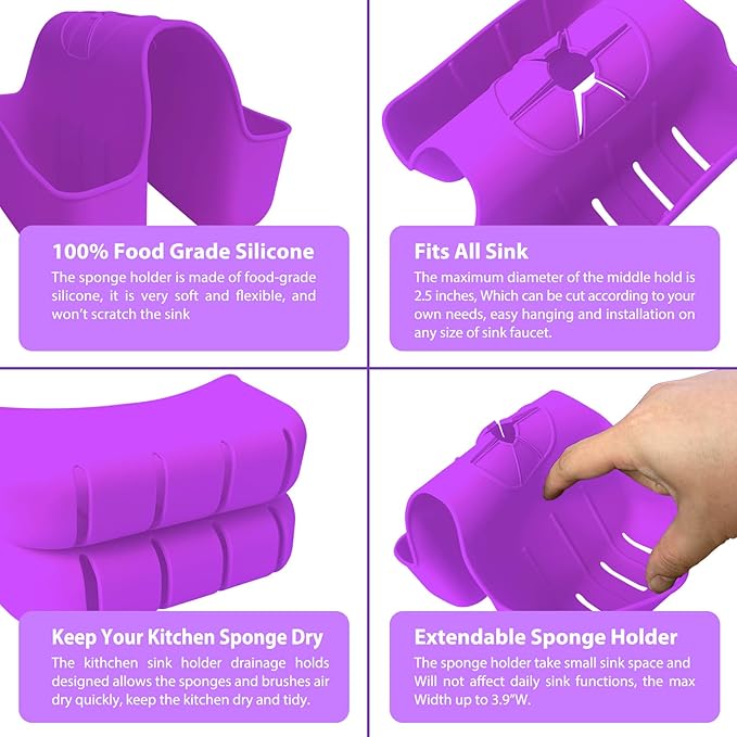 Sponge Holder for Kitchen Sink, Silicone Sink Saddle Caddy Organizer Rack, Sponges Holder Over Faucet, Hanging Kitchen Organizer Accessories Rack Basket - Purple