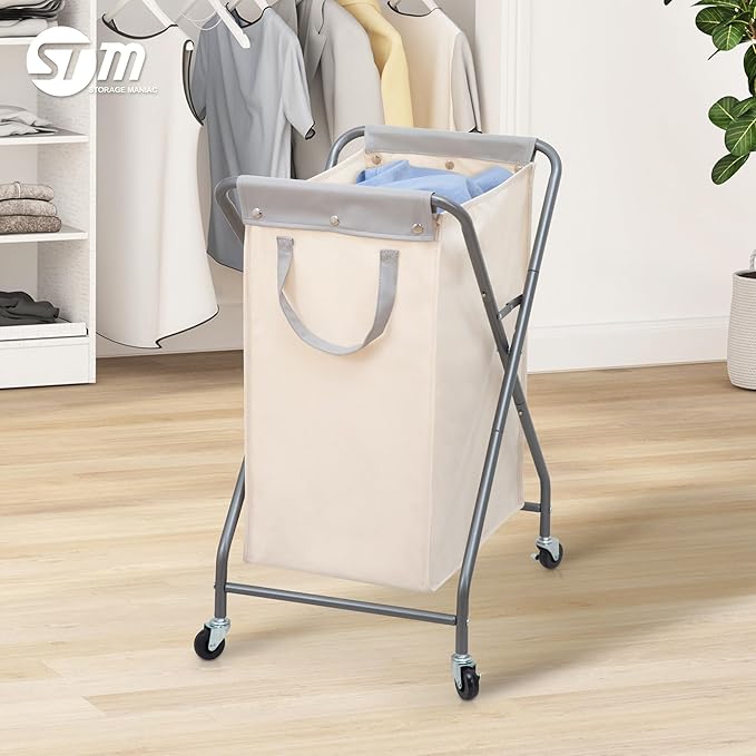 STORAGE MANIAC Collapsible Laundry Hamper with Wheels, Rolling Laundry Basket, Heavy Duty Cloth Sorter with Removable Bag, Folding X Frame Clothes Organizer Cart for Easy to Store, 1 Section