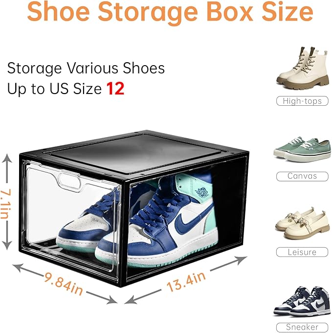 INSTY 12 Pack Large Shoe Storage Box, Clear Shoe Storage Organizer with Magnetic Door, Stackable,Shoe Containers For Display Sneakers, Easy Assembly, Fit up to US Size 12, Transparent