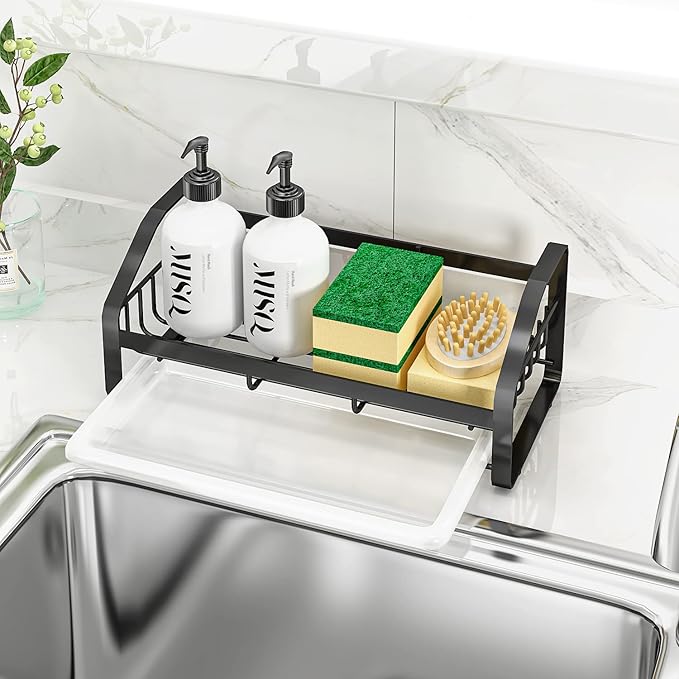 Sink Caddy, Sponge Holder for Kitchen and Bathroom, 304 Stainless Steel Countertop Organizer Soap Tray With Removable Drain Tray - Black Length Version