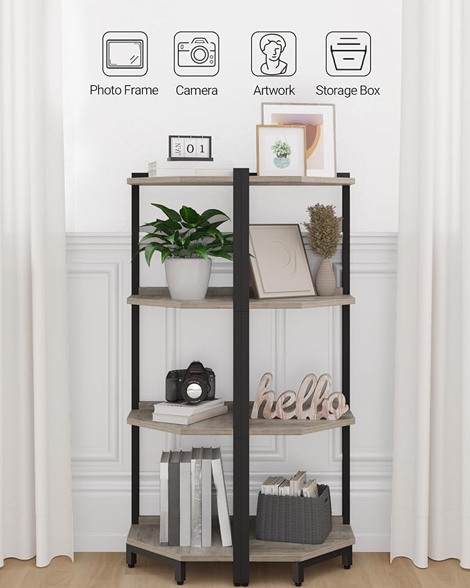 Corner Shelf Stand, Corner Bookshelf, Storage Standing Shelf Unit with Metal Frame, Plant Stand, Bookcase for Living Room, Home Office, Bedroom, 4-Tier Greige CS05805B
