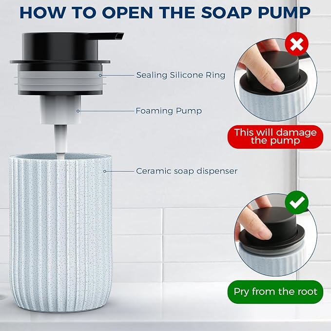 Ceramic Foaming Hand Soap Dispenser，12 oz Bathroom Soap Dispensers， Lotion Dispenser for Kitchen, Refillable Matte Streaks Soap Dispenser with Large Pump (Blue)