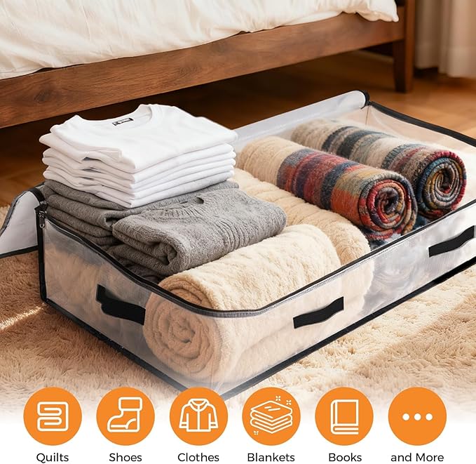 6 Pack Under Bed Storage Bags, 90L Foldable Clear Storage Containers with Handles, Dual Zippers for Comforter, Clothes, Bedding, Linen Sheets, Sweaters, Blanket Storage