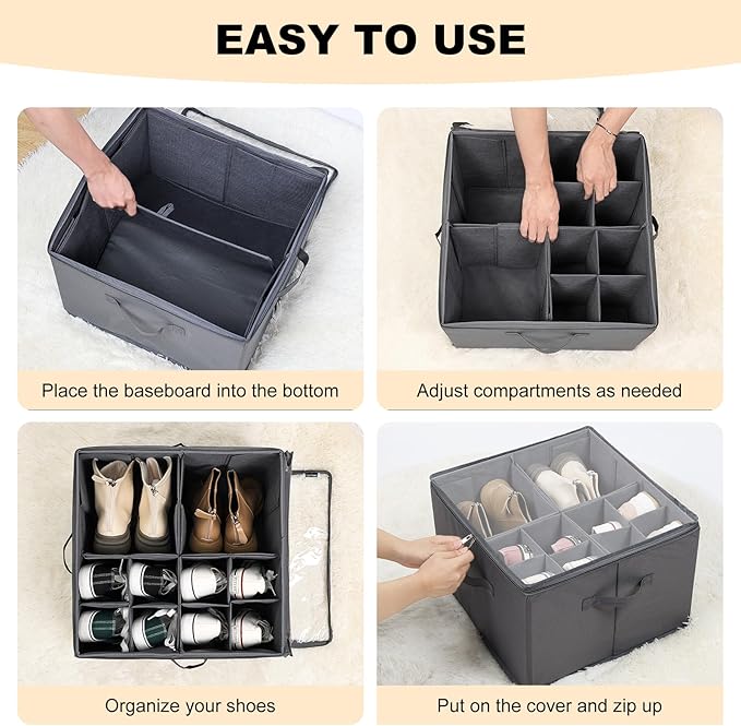 Fabric Shoe Organizer for Closet, Foldable Shoe Storage Bins with Clear Cover, Shoe Container with Adjustable Dividers, Fits up to 16 Pairs, Gray