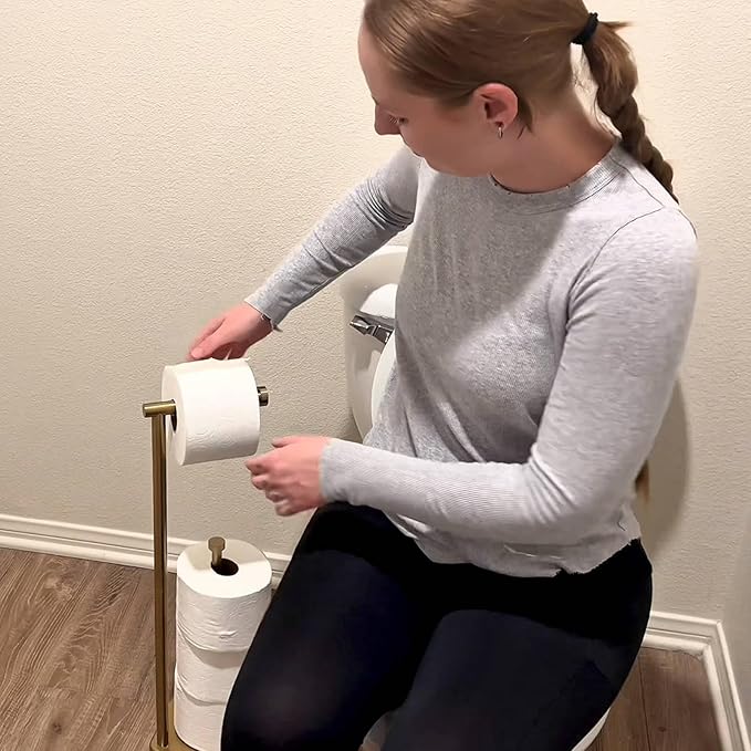theaoo Heavy-Duty Toilet Paper Holder Stand – Modern Freestanding Bathroom Toilet Tissue Paper Roll Holder with Reserve & Storage, Stainless Steel (Brushed Gold, Free Standing)