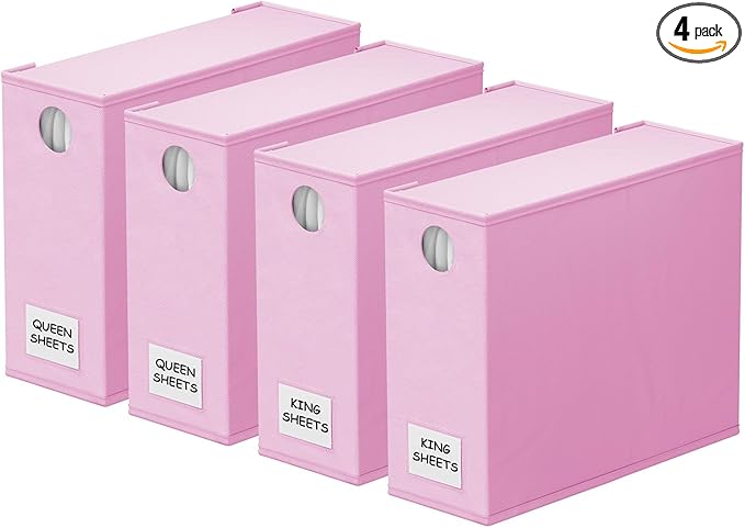 SpaceAid 4 Pack Bed Sheet Organizers and Storage, Foldable Sheet Organizer for Linen Closet, Sheets Set Folder Keeper with Window XL (Queen & King Size) Bedding Container (Pink, 4 Pack)