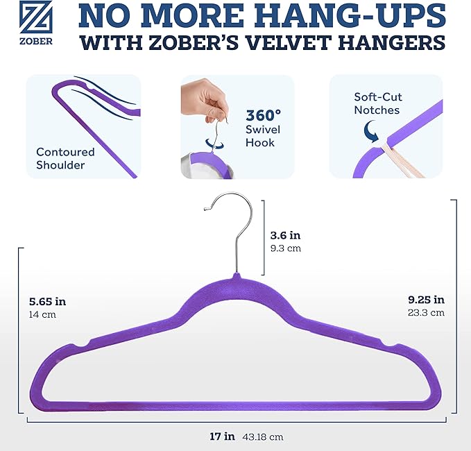 ZOBER Purple Velvet Hangers 50 Pack - Clothes Hangers, Coat Hanger for Pants & Dress Clothes - Non Slip w/ 360 Degree Swivel, Holds up to 10 lbs - Strong Felt Hanger for Clothing