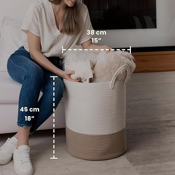 OrganiHaus Large Woven Laundry Basket w/Handles 52L, Rope Dirty Clothes Hamper, Blanket Basket for Living Room, Baby Laundry Hamper for Nursery, Soft Decorative Organizer Bin - Honey/Off-White