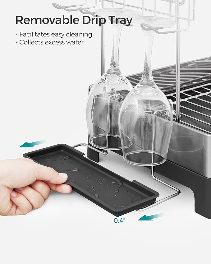 SONGMICS Dish Drying Rack - 2 Tier Dish Rack for Kitchen Counter with Rotatable and Extendable Drain Spout, Dish Drainer with Utensil, Cup, Glass, Cutting Board Holders, Black UKCS032B01
