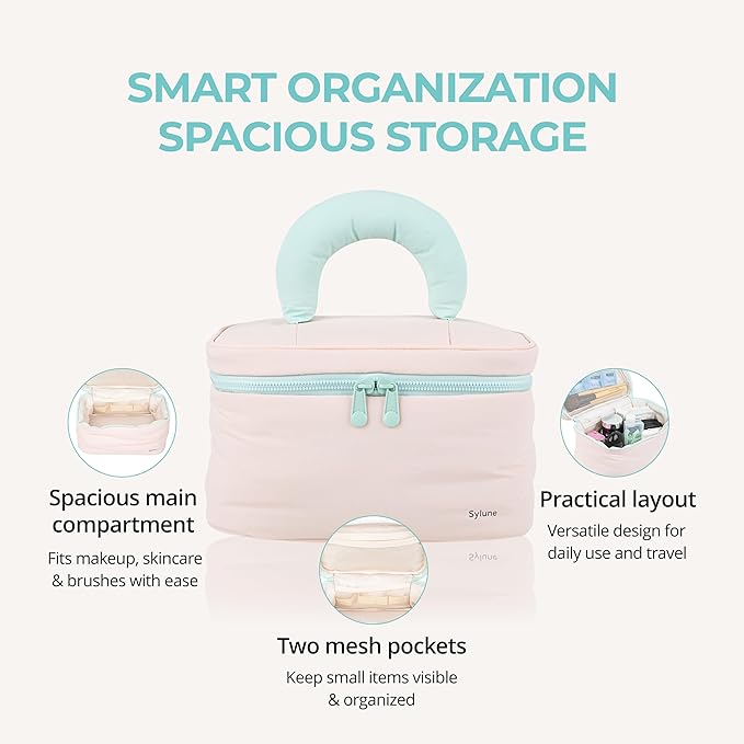 Tuck Hanging Toiletry Bag - Water-Resistant Travel Makeup Organizer with Spacious Compartments & Padded Handle for Women (Blush Petal & Mint) (Puffy Makeup Bag)