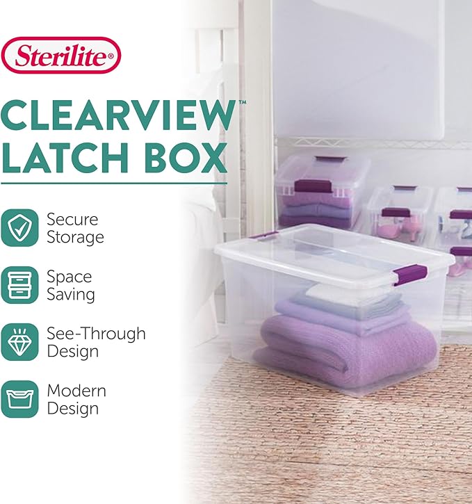 Sterilite 12-Pack ClearView Latch Box, Stackable Storage Organizer Bins for Home, 66 Quart