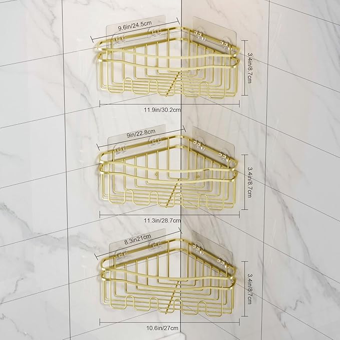 Gold corner shower caddies with depth caddy and Built in 12 hooks rustproof wall mounted No drilling No marring adhesive bathtub corner organizer for bathroom kitchen and laudry room