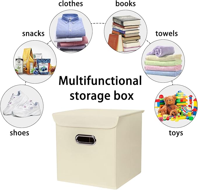 Closet Organizers Fabric Storage Bins With Lids Collapsible Cube Storage Organizer Basket With Handles,Storage Boxes for Clothes Storage,Office,Laundry,Shelves,8 Pack,（Creamy-White）