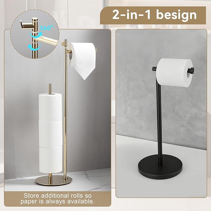 BGL Toilet Paper Holder Stand, SUS304 Stainless Steel Gold, Weighted Base, Holds 5 Jumbo Rolls, Space-Saving Modern Bathroom Storage with Built-in Hook