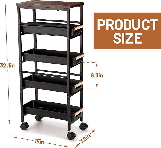 Slim Storage Cart, 5-Tier Narrow Rolling Kitchen Laundry Room Cart with Drawer and Wheels, Metal Utility Cart Slide Out Organizer for Small Spaces (Black)