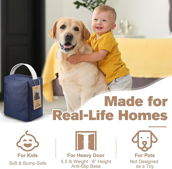 Decorative Weighted Door Stopper 5.5 lb – Heavy Non-Slip Door Weight with Handle, Soft Fabric Door Stop for Kids, Pets, Includes 2 Door Draft Stoppers for Indoor Home & Office, Navy Blue