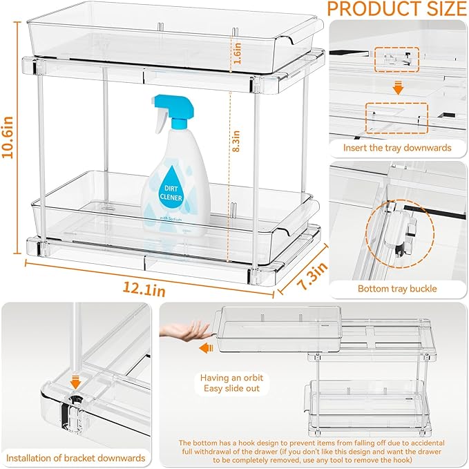 Yieach 4 Pack Under Sink Organizers and Storage,Clear Acrylic Bathroom Organizer and Cabinet Organization for Makeup,Medicine,Two Tier Pull Out Cabinet Organizer Drawers for Pantry,Vanity Storage Bins
