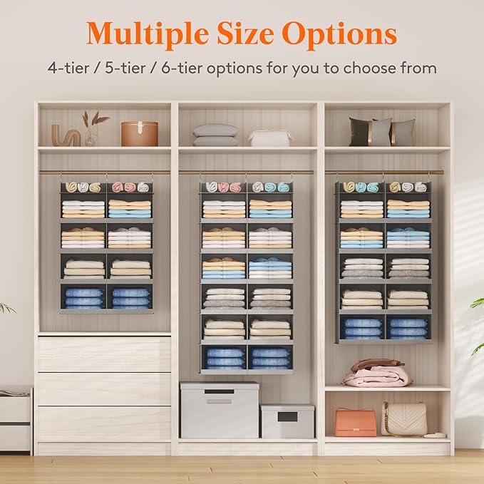 Lifewit Dual-Row Shelf Hanging Closet Organizer and Storage, Clothes Shelves with 3 Sturdy Hooks for Clothing Organization, Foldable Container Hold Up to 36 Sweaters, 6 Tier 12 Sections, Light Gray