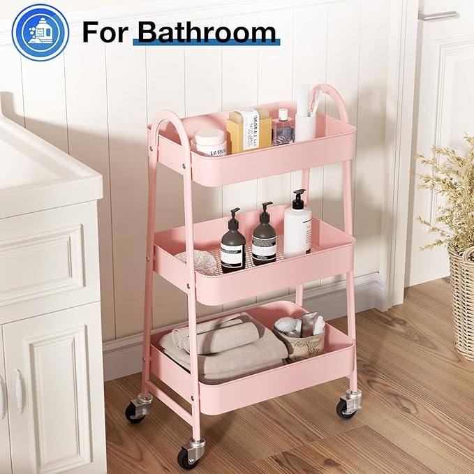 OLIXIS 3 Tier Utility Rolling Cart, Metal Mobile Storage Shelf with Lockable Caster Wheels, Organization for Livingroom, Bathroom & Narrow Places, Pink