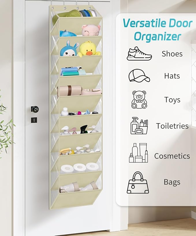 AOODA 10 Tier Clear Over The Door Shoe Organizer Storage, Deep Pockets Large Hanging Shoe Rack for Closet Door, Fit 20 Pairs Shoe Holder Hanger for Sneakers, Boots (Deep Beige)