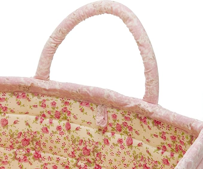 Quilted Fabric Storage Basket with Handles & Pocket, Foldable Laundry Hamper Boho Floral Print Organizer Bin for Home, Picnic, Office 12"x10"x10" (A-4)