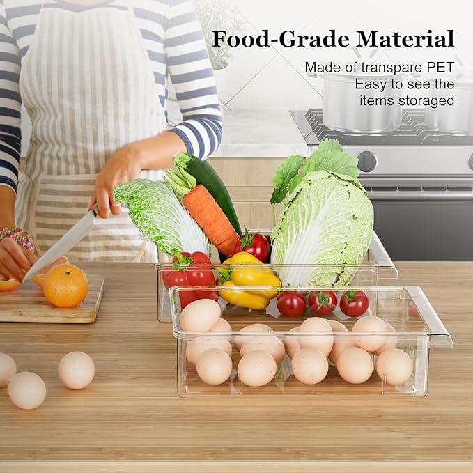 SNSLXH 2 Pack Refrigerator Drawer Organizer, Pull Out Shelf Storage Transparent Organizer for Egg, Fruit, Vegetable, Seafood, Meat, Fit All Fridge Shelves Under 0.6''