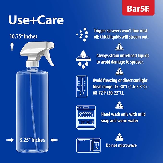 Bar5F Bulk 6-Pack Plastic Spray Bottles with Mixor Trigger, 32 oz | Professional, Leak Proof, Empty, Adjustable Fine to Powerful Sprayer, Refillable | Water Plants, Cleaning Solutions | Crystal Clear
