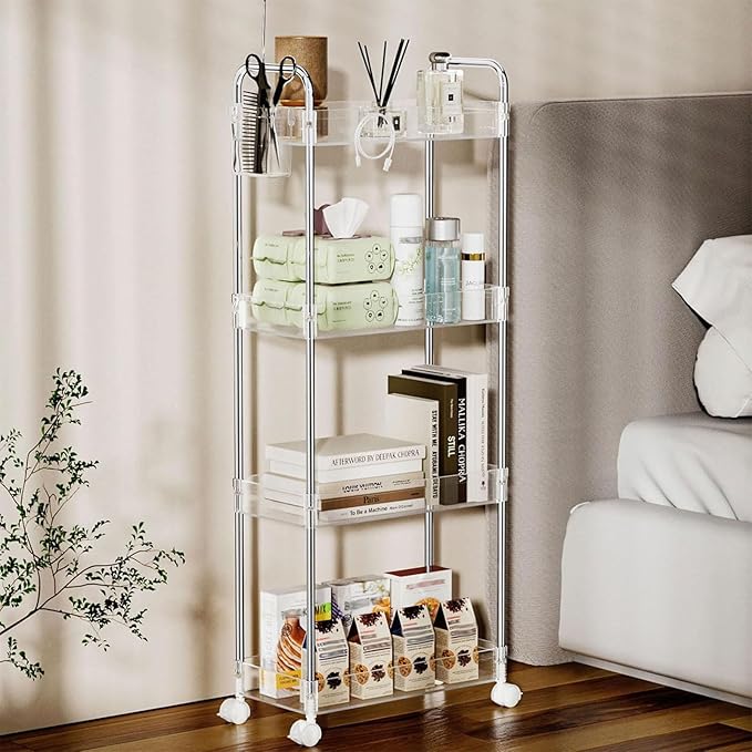 SPACEKEEPER Acrylic Rolling Storage Cart 4 Tier Clear Bathroom Cart Organizer, Transparency Rolling Utility Cart Laundry Room Organization Multifunction Mobile Shelving Unit for Office, Living Room