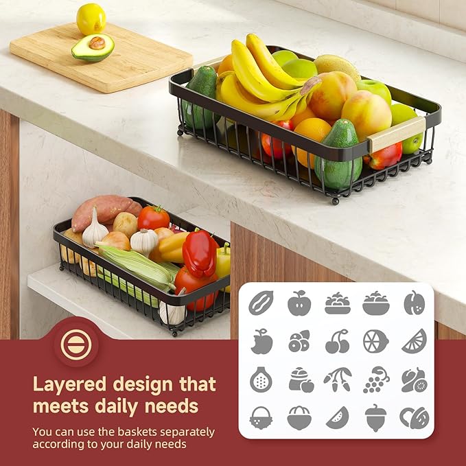 2 Tier Large Fruit Basket for Kitchen Counter with 2 Mobile Banana Hangers, 2026 Pro Detachable Metal Fruit Bowl with Wooden Handle (Brown, 3 Tier)