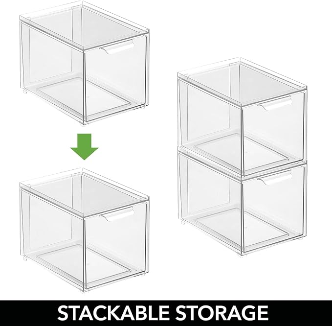 mDesign Plastic Closet Organizer Bin w/Pull Out Drawer - Slim Stackable Storage for Closet - Organization for Accessories, Bags, Totes, Small Linens, and More - Lumiere Collection - Clear