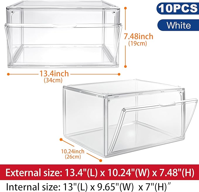 10 Pack Acrylic Sneaker Shoe Display Case, Size 12.5 Clear Shoe Boxes Stackable Purse Handbag Collectibles Organizer with Magnetic Door, Size 12.5 for Men Women Shoes Rack