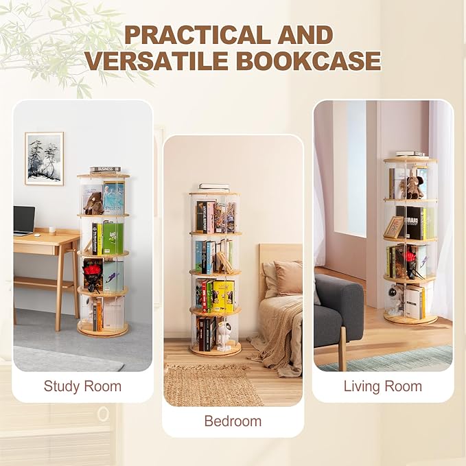 360° Rotating Bookshelf, 4-Tier Spinning Book Shelf Tower with Solid Wood & Clear Acrylic, Round Revolving Bookcase for Living Room, Bedroom and Office