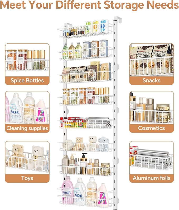 MIAOLI Over the Door Pantry Organizer, 8-Tier Adjustable Spice Rack Cabinet Door Shelves, Hanging Seasoning Organizer for Kitchen Bathroom, Laundry Room Organization, White