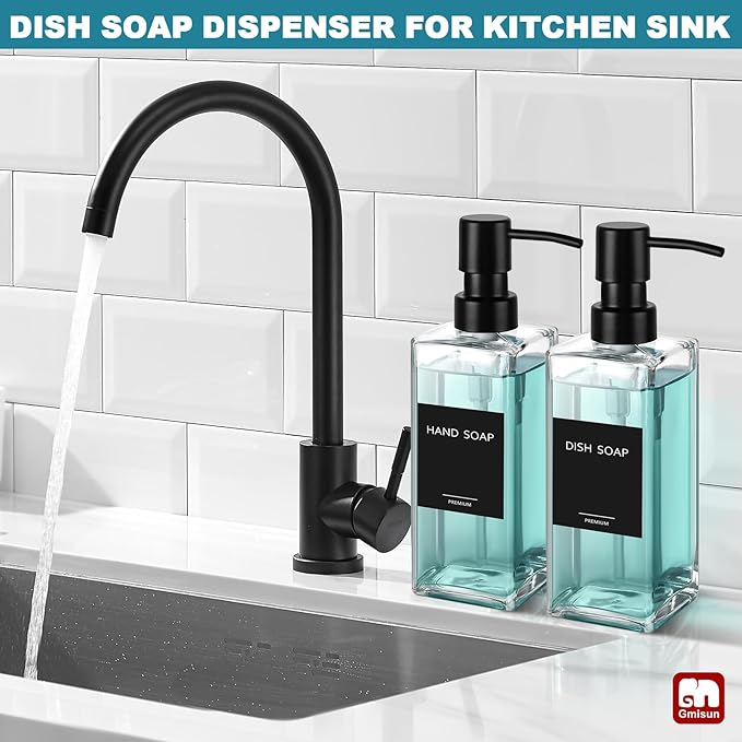 GMISUN Glass Soap Dispenser with Stainless Steel Pump, Clear Hand Soap Dispenser for Bathroom, 12 fl oz/350ml Refillable Dish Dispenser for Kitchen, Modern Liquid Soap and Lotion Bottle for Countertop